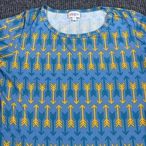 LuLaRoe Julia Dress Medium Blue Yellow Arrow Print Bodycon Midi‎ Stretch